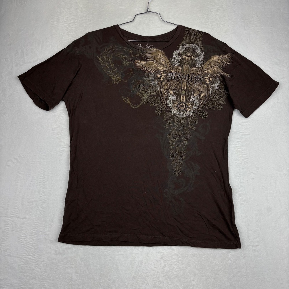 Resurge Mens XL Brown GRAIL Y2K Gothic Cross Dragon Graphic Short T-Shirt CB3-10